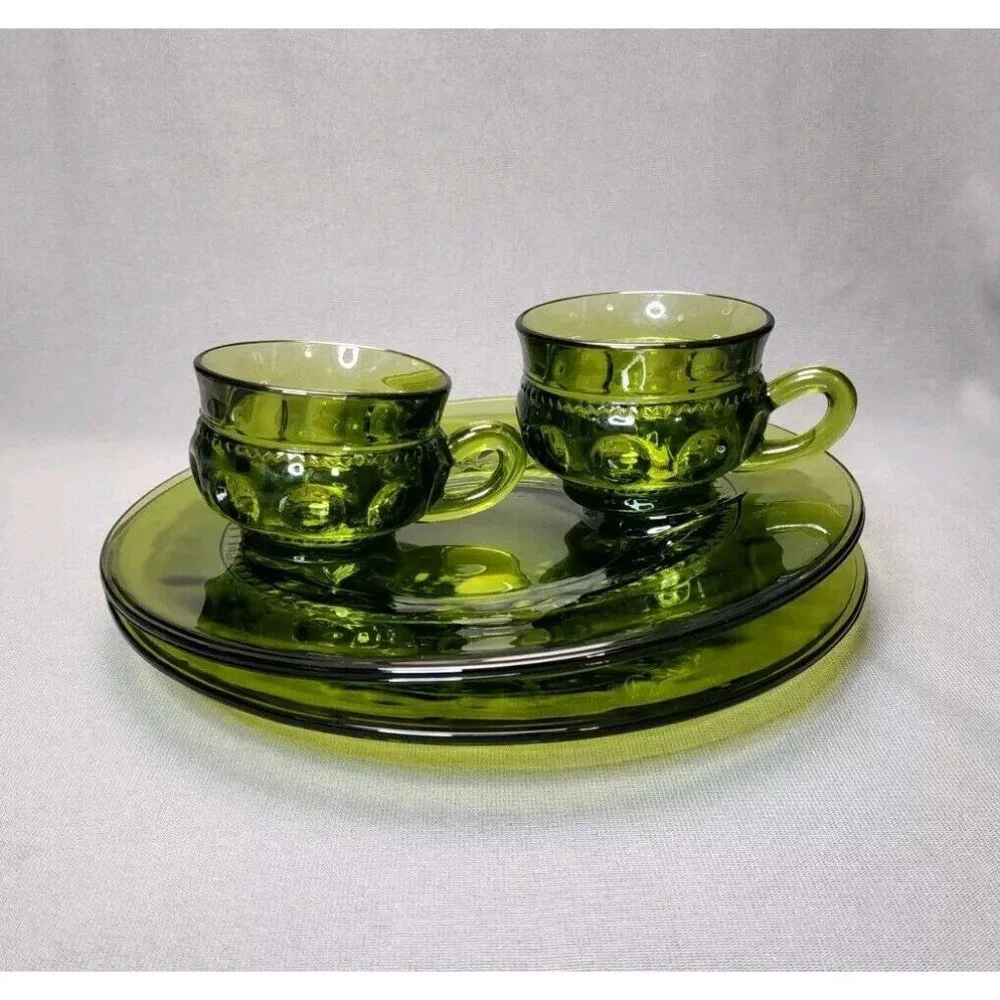 Snack Plates & Cups Indiana Glass King's Crown Thumbprint Avocado Green Vintage - Picture 4 of 8